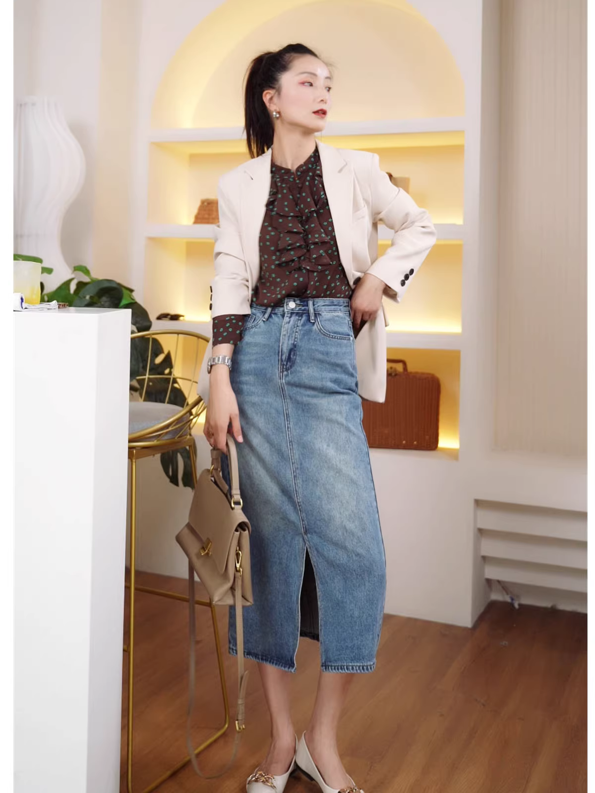 Chân váy midi denim xẻ tà cao cấp, kiểu dáng chữ A, mùa xuân dành cho nữ