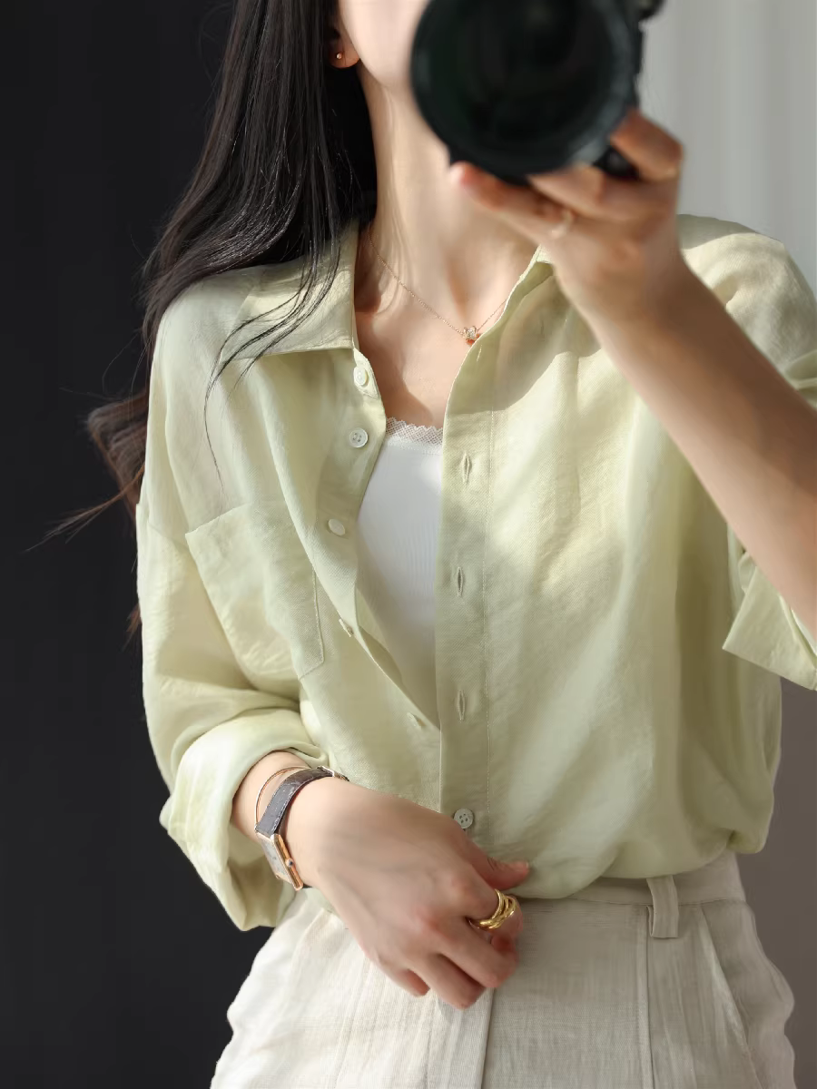 Thoải mái và thư giãn ~ Áo sơ mi vải lanh Lyocell Tencel kiểu Pháp, áo khoác chống nắng dài tay nhẹ nhàng dành cho nữ