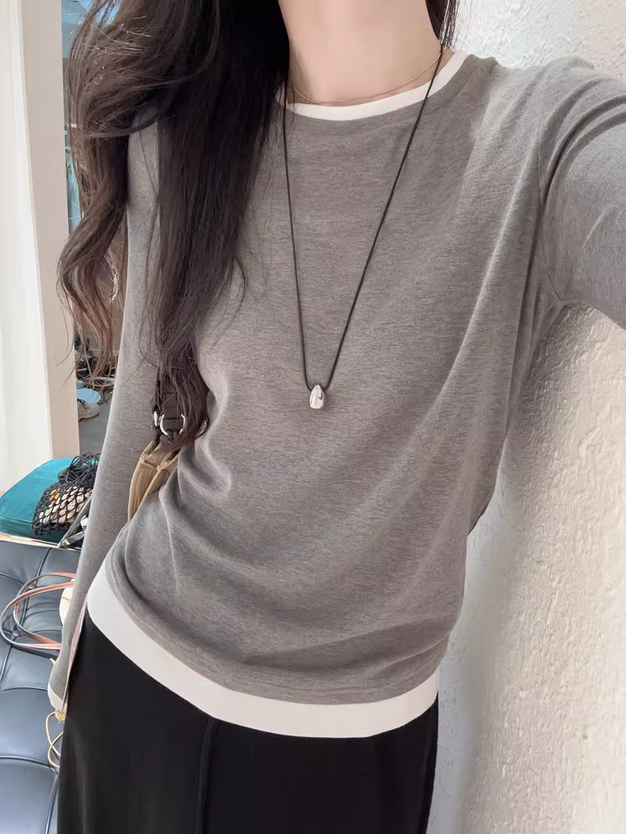 Màu sắc như cổ tích! Siêu mềm mại và ấm cúng~ Áo thun cotton Tân Cương, thân thiện với da, co giãn, kiểu giả hai mảnh phối màu cổ tròn tay dài dành cho nữ, mùa xuân.