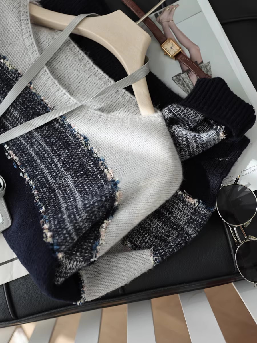 Sôcôla matcha! Áo len len cashmere lười biếng có sọc tương phản, áo len dệt sợi đặc biệt dành cho nữ, mới cho mùa thu.