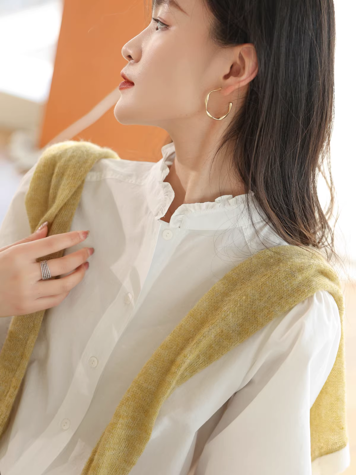 Áo sơ mi nữ tay đèn cotton giặt kiểu Pháp, cổ đứng bèo nhún, tay dài, dáng rộng, mẫu mới xuân hè