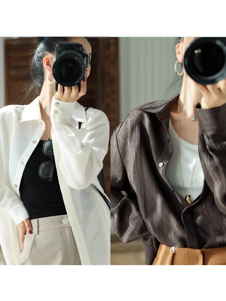 Những đường xếp ly nghệ thuật~ Áo sơ mi dài tay kẻ sọc dọc ba chiều bằng vải len Tencel chất liệu Willow crepe, chống nắng dành cho nữ vào mùa thu