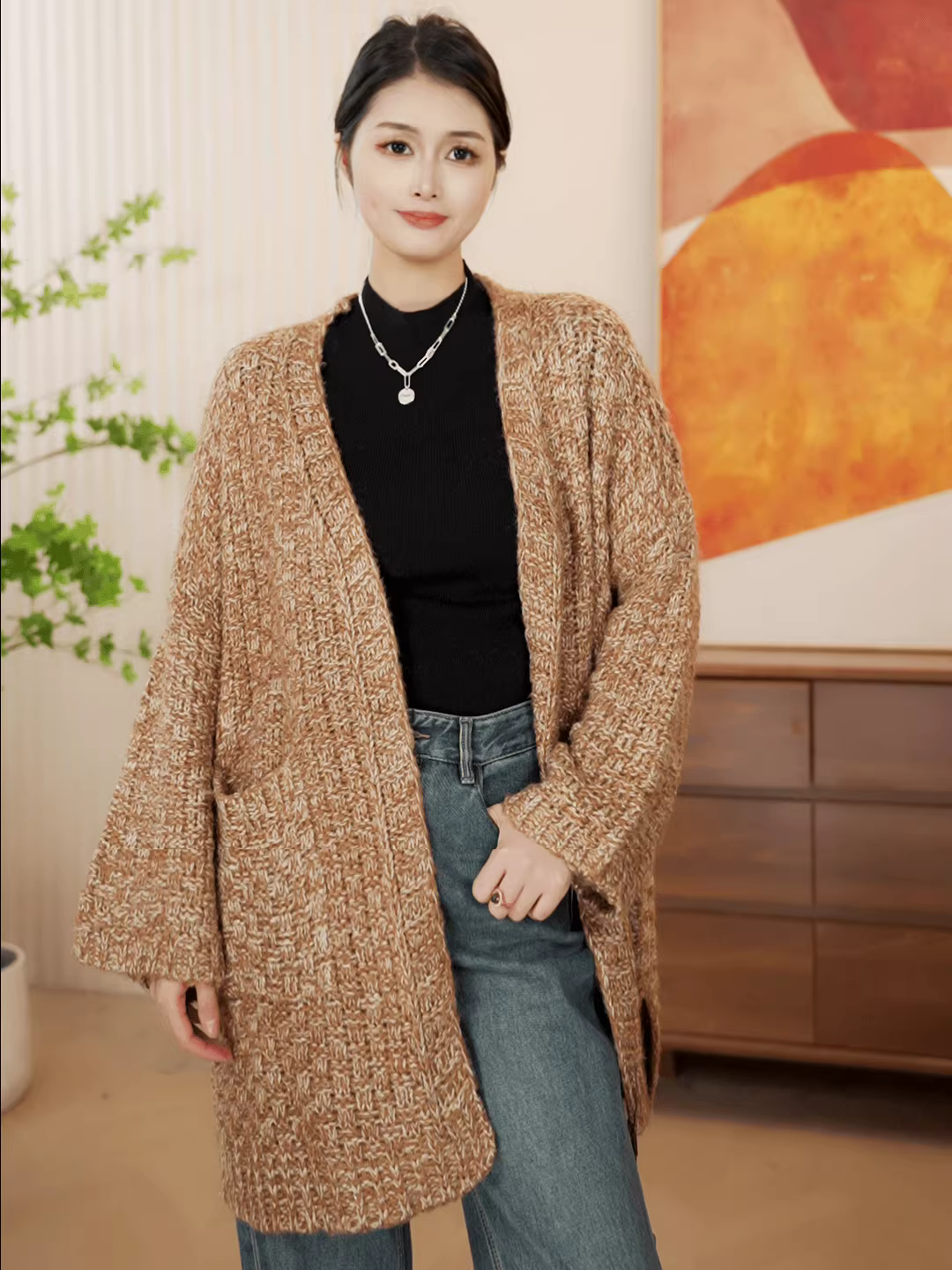 Chỉ 39 nhân dân tệ!! Áo khoác dài trung bình cổ chữ V phong cách Chanel chất liệu tweed mùa xuân thu