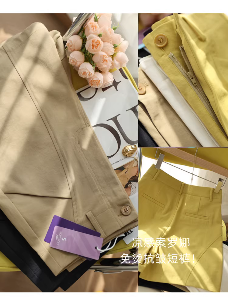 Quần short Sorona mát mẻ! Không cần là ủi, chống nhăn, thiết kế phân đoạn ba chiều, quần suông dáng chữ A cạp cao tôn dáng, dành cho nữ mùa hè.