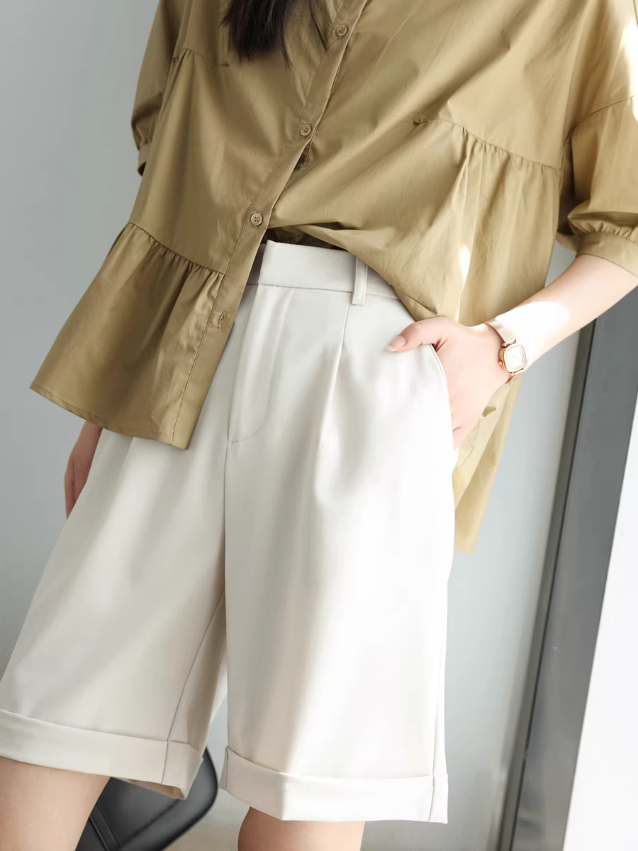 Mọi người đều có một chiếc! Quần short đi làm cạp cao, dáng chữ A, che hông, tăng chiều cao, chống nhăn, mỏng, dài đến giữa đùi dành cho nữ, mới cho mùa hè.