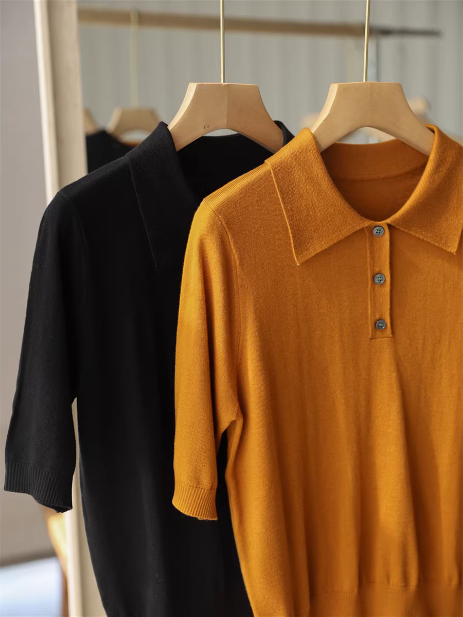 Màu cam bí ngô siêu sáng! Có chứa lụa và len, áo dệt kim cổ polo kiểu Pháp dành cho nữ đi làm mùa xuân.