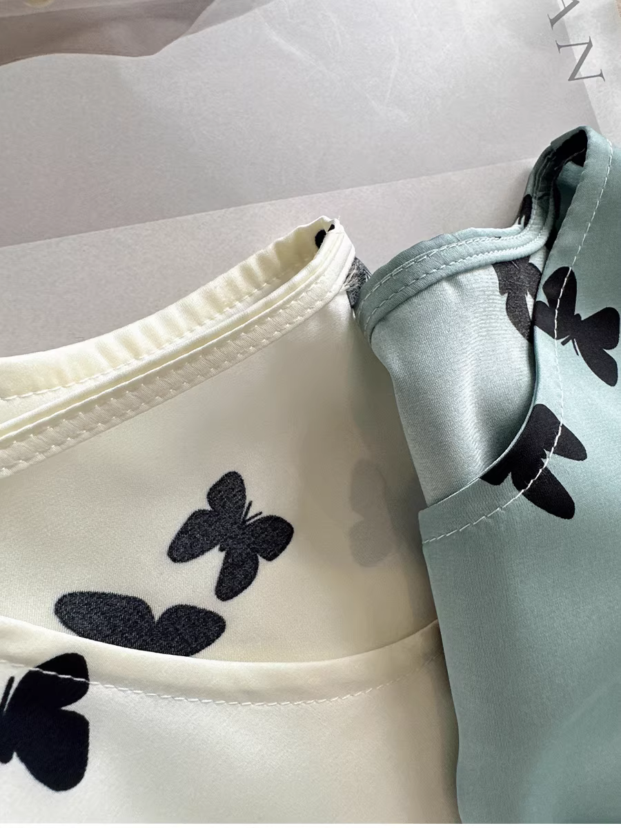 Áo sơ mi cổ tròn dáng rộng chống nhăn hình bướm lãng mạn mát mẻ bằng vải acetate cho nữ mùa hè mới