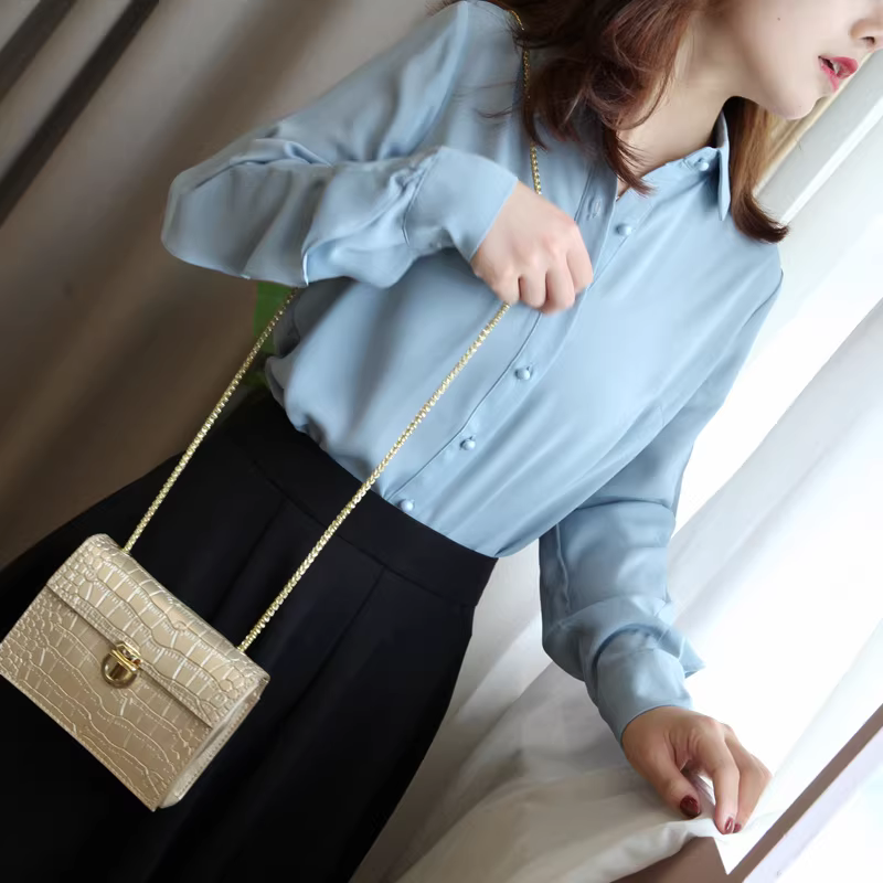 Áo sơ mi dài tay màu sâm panh nhẹ nhàng, bèo nhún, dành cho nữ, mùa thu, công sở, thanh lịch, chất liệu chiffon.