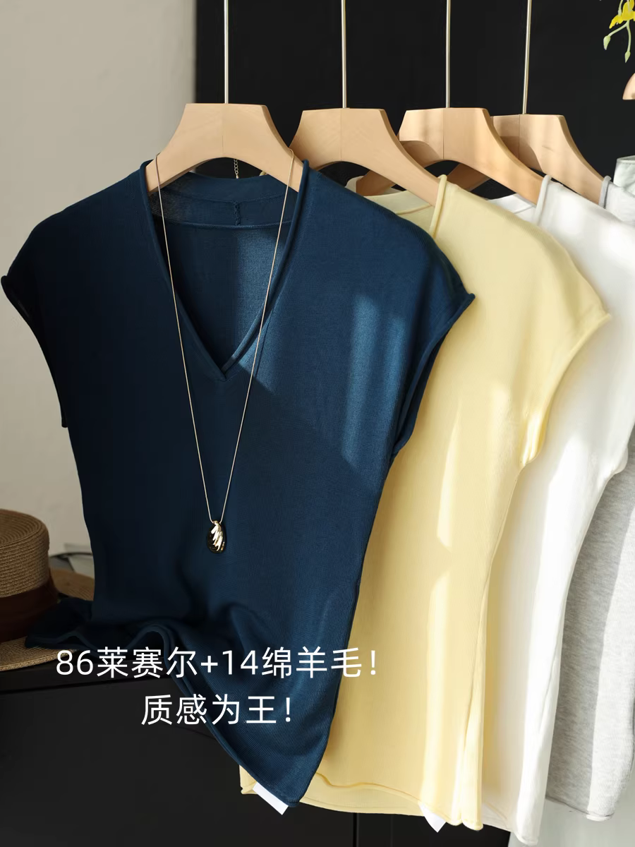 86% Lyocell + 14% len siêu mịn, áo thun ngắn tay dệt kim cổ chữ V tôn dáng, viền cuốn, dành cho nữ, mùa hè