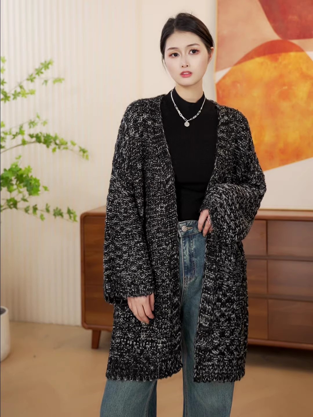 Chỉ 39 nhân dân tệ!! Áo khoác dài trung bình cổ chữ V phong cách Chanel chất liệu tweed mùa xuân thu