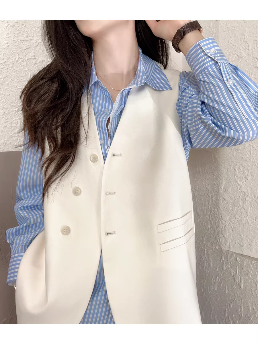 Áo khoác vest xếp lớp thanh lịch và sành điệu, dáng suôn, không nhăn, áo không tay cổ chữ V rộng rãi dành cho nữ, mới cho mùa xuân hè.