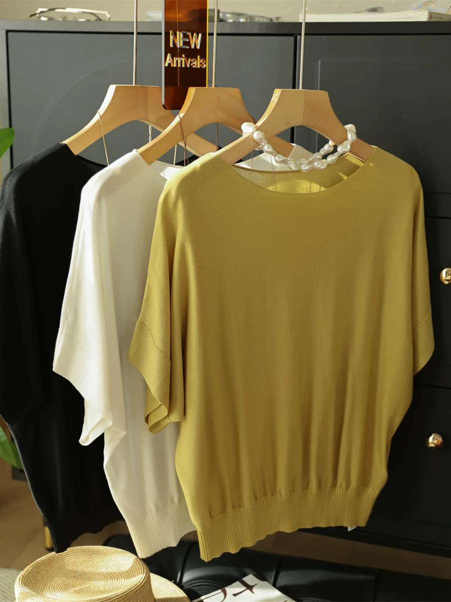 100% Lyocell Mát mẻ Cổ tròn dáng rộng vừa vặn Giảm béo Tay áo cánh dơi dệt kim hàng đầu dành cho nữ Mùa hè mới