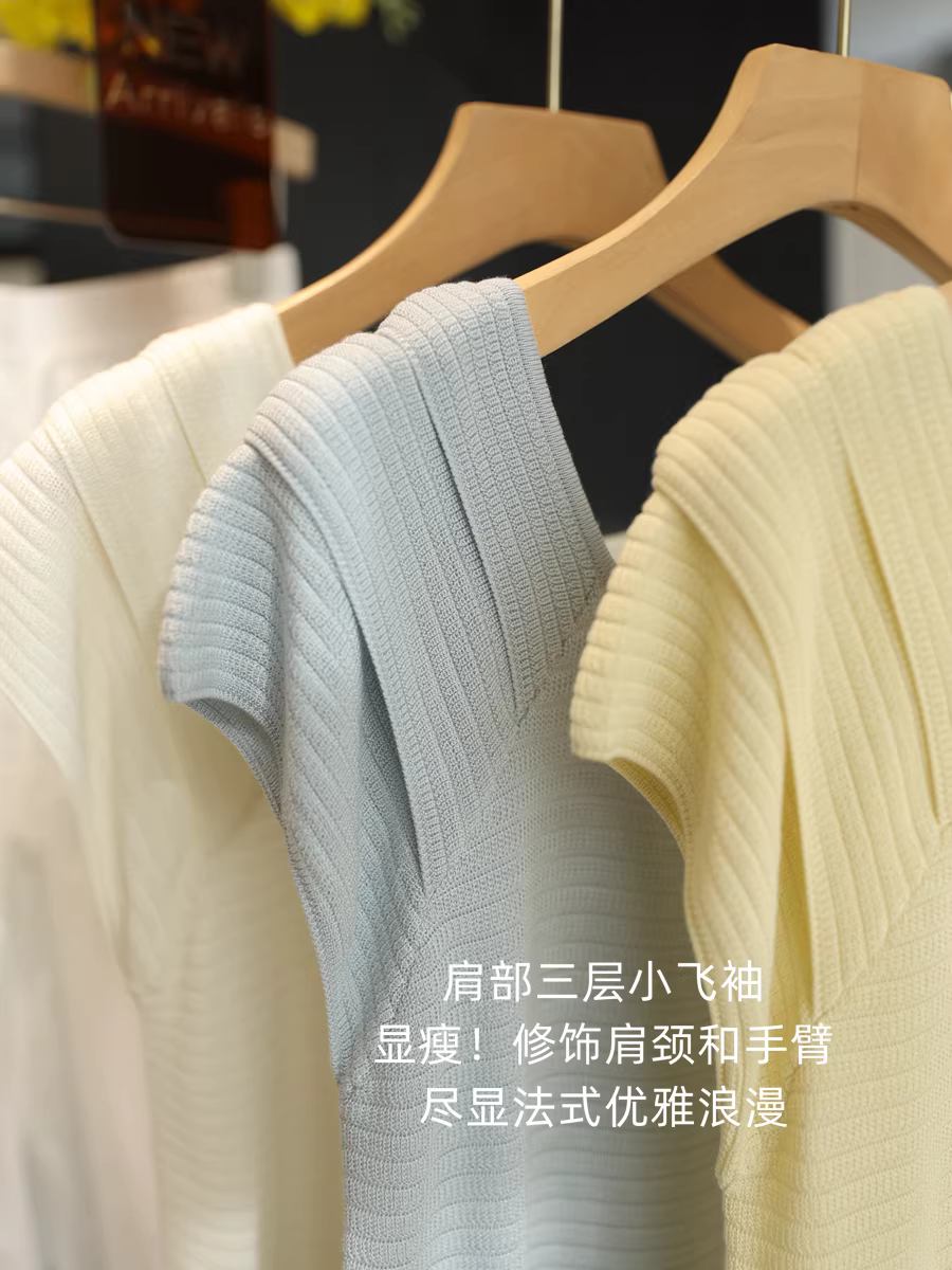 Áo len dệt kim tay bồng cổ vuông kiểu Pháp, chất liệu 100% Lyocell, nhẹ và mát, ôm dáng, thời trang dành cho nữ, mẫu mới mùa hè.