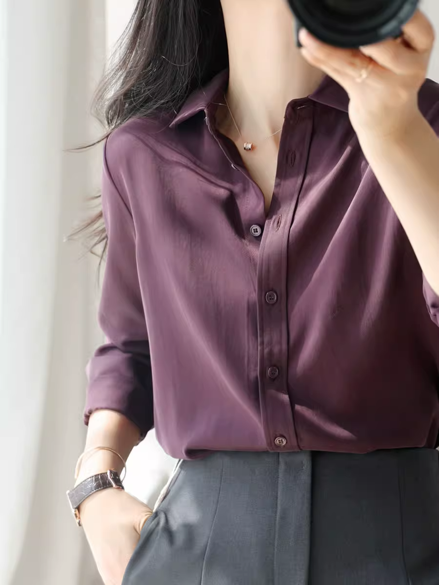 Áo sơ mi nữ tay dài màu trơn chất liệu Tencel 100% cao cấp, dày 28mm, bề mặt mờ, được xử lý giặt cát, kiểu dáng mới cho mùa xuân.