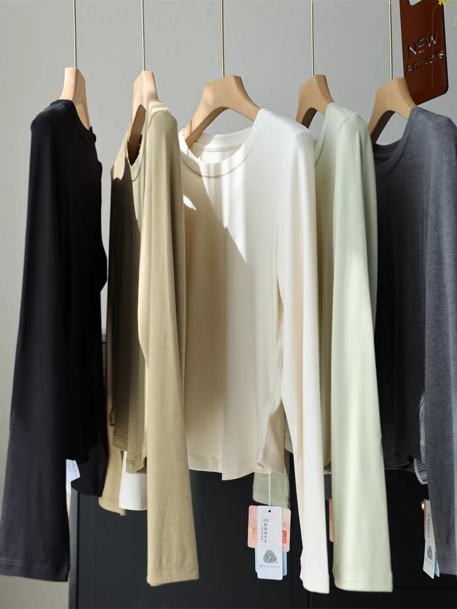 Áo thun chất liệu len acetate mềm mại và ấm áp, cổ tròn co giãn, ôm eo, dáng ôm, tay dài, dành cho nữ, mẫu mới đầu thu.