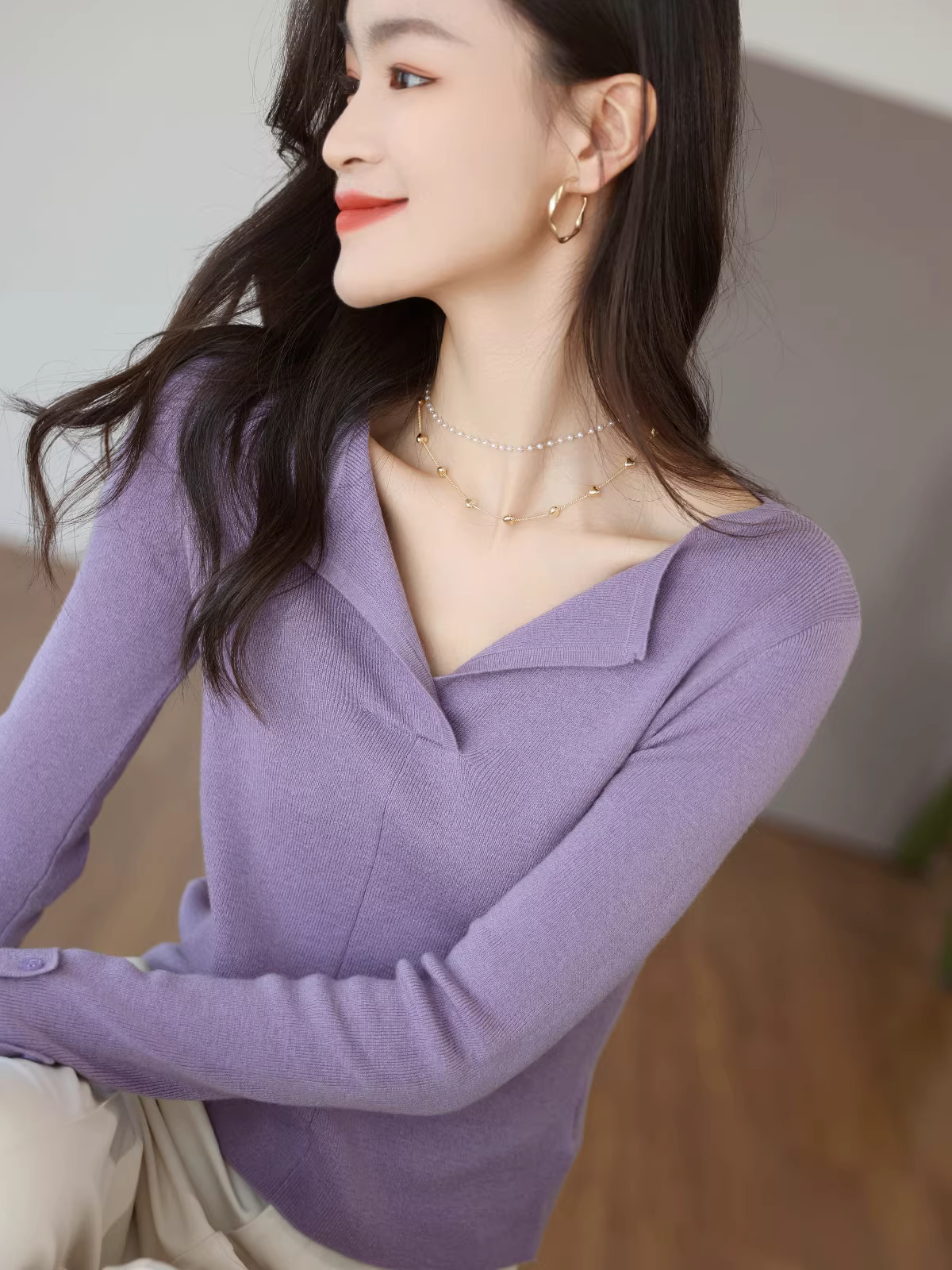 Áo len dệt kim cổ chữ V dài tay thanh lịch và nữ tính dành cho phụ nữ nhỏ nhắn, kiểu dáng mới cho đầu xuân