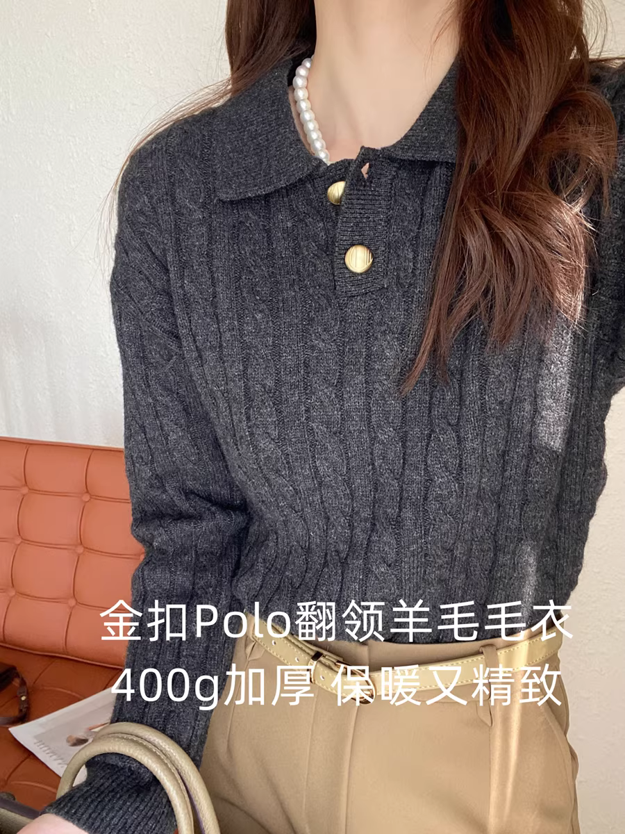 Áo len dệt kim kiểu cổ Polo, nút vàng nhỏ phong cách retro, chất liệu len dày 400g, giữ ấm, kiểu dáng lười dành cho nữ mùa thu đông
