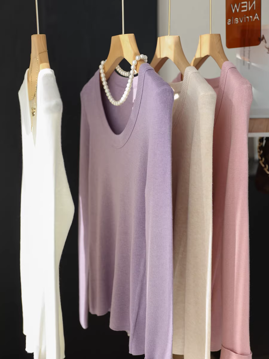 Siêu mềm~ Áo len lụa, dáng ôm, cổ tròn, áo dệt kim dài tay, lớp trong ôm sát, áo lót, áo mùa thu nữ