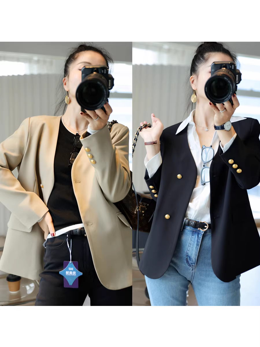 Áo blazer dáng rộng cổ chữ V kiểu dáng đi làm cao cấp chống nhăn có nút vàng nhỏ dáng rộng màu trơn dành cho nữ đầu mùa thu mới