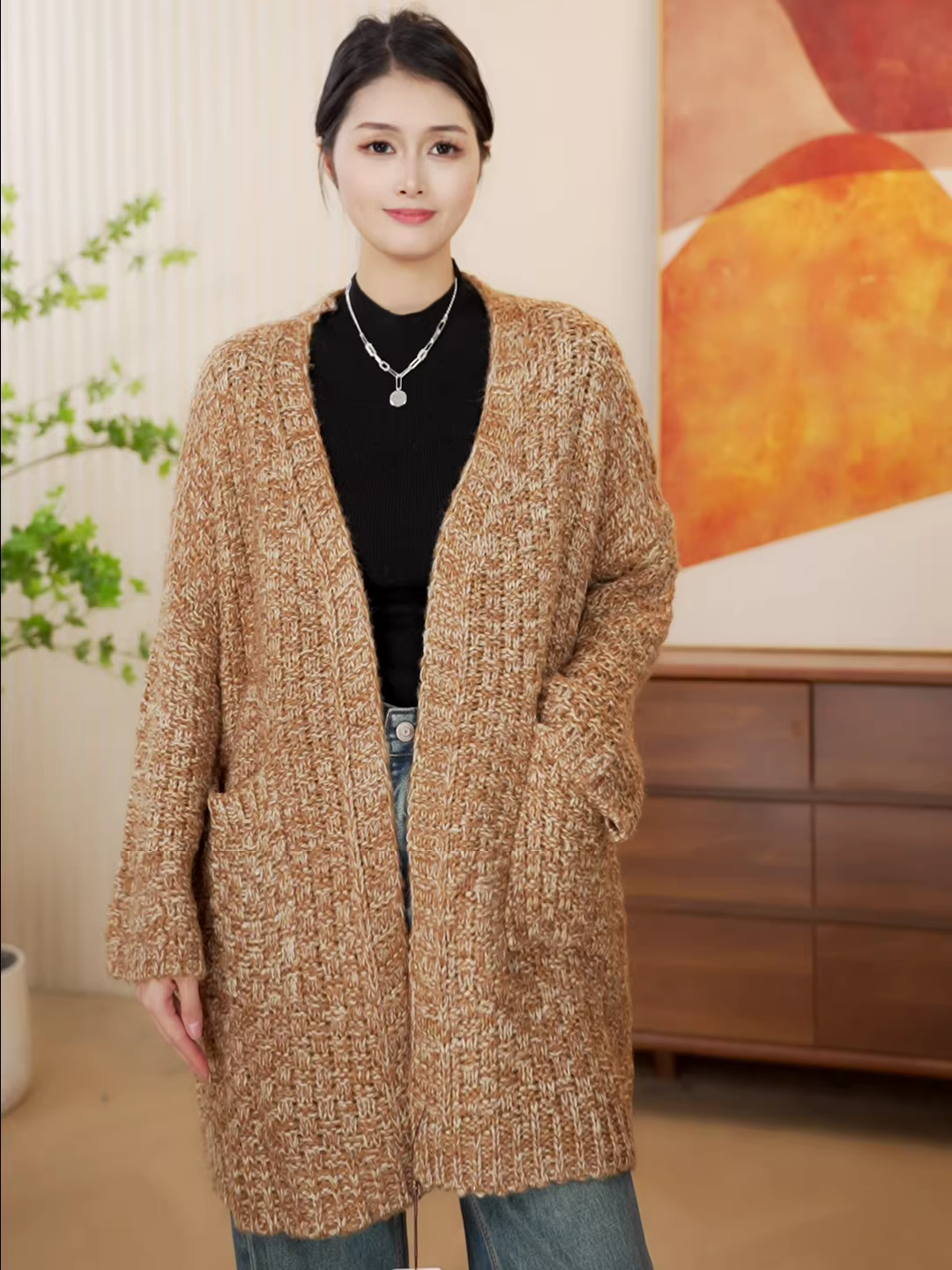 Chỉ 39 nhân dân tệ!! Áo khoác dài trung bình cổ chữ V phong cách Chanel chất liệu tweed mùa xuân thu