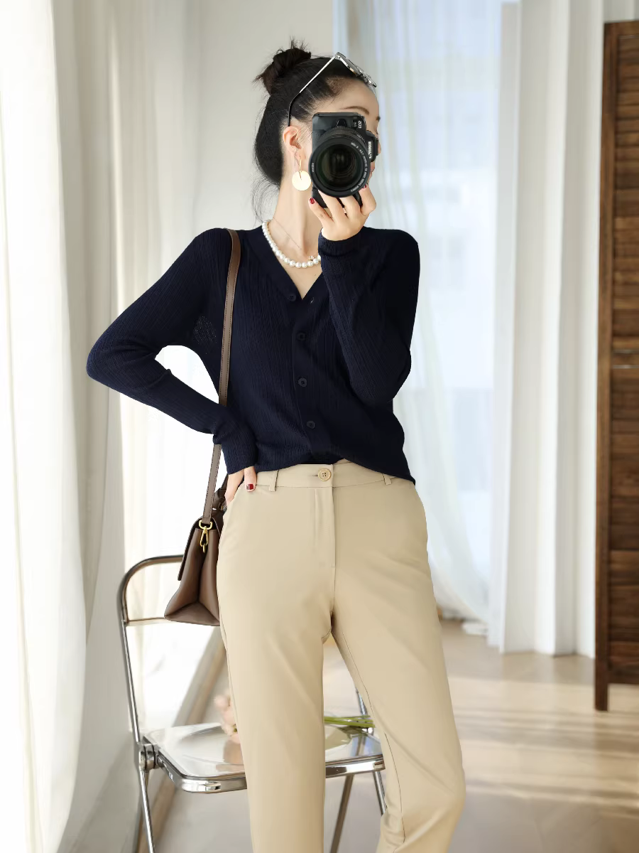 Giá trị tuyệt vời! Quần thoải mái chất liệu thun JU do khách hàng cung cấp! Quần ống đứng, cạp trung, dáng ôm, kiểu dáng công sở dành cho nữ.