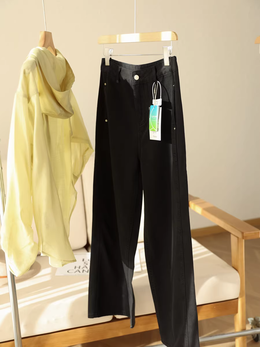 Mềm mại và mát mẻ! Quần jean đen cotton lyocell mỏng thoáng khí lưng cao, dáng ôm, ống rộng dành cho nữ mùa hè mới