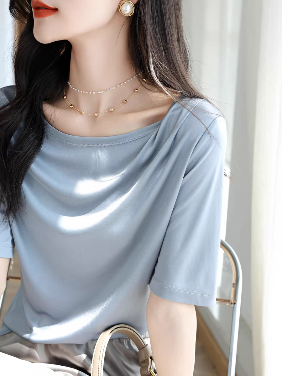 Giá gốc nhà máy! Áo thun acetate tuyệt đẹp, dáng xòe, vai xếp ly, kiểu dáng mát mẻ và bay bổng, tay ngắn dành cho nữ, phong cách mùa hè mới.