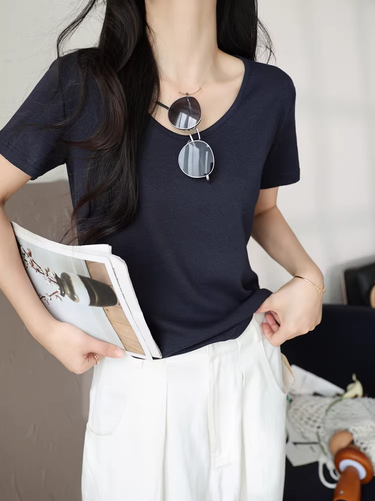 Giá trị cao! Nạp thêm vào kho hàng! Áo thun nữ tay ngắn dáng rộng, cổ chữ V, chất liệu vải lanh cotton Lyocell, màu trơn đa năng, thích hợp cho mùa hè.