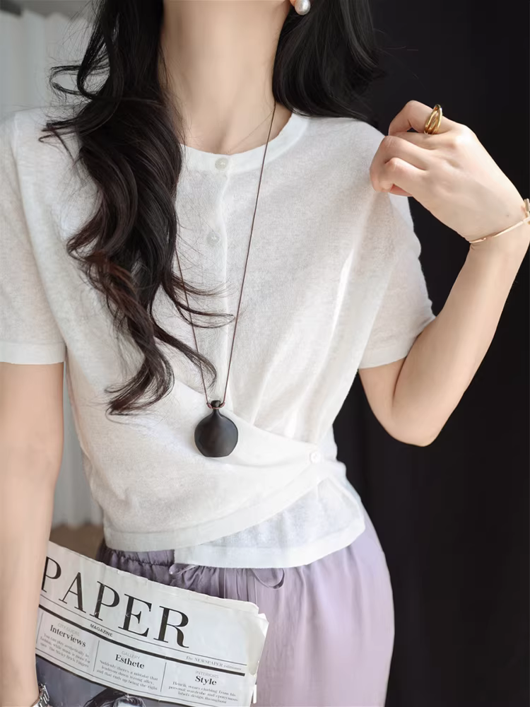 Một chiếc áo, hai cách mặc! Có thể thắt eo để tạo hiệu ứng thon gọn, áo cardigan dệt kim cổ tròn chất liệu linen-cotton thoải mái, áo thun ngắn tay dành cho nữ mùa hè.