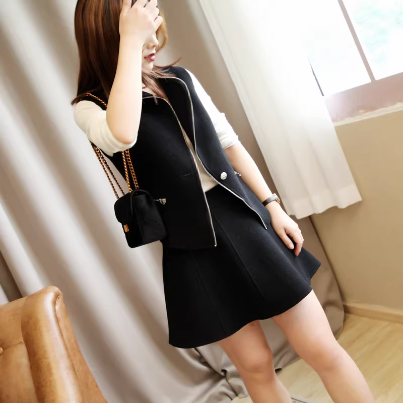 Bộ đồ len cashmere thủ công hai mặt, giảm giá mùa thấp điểm dành cho nữ, áo vest mùa thu đông + chân váy ngắn hai mảnh, màu lạc đà và đen.