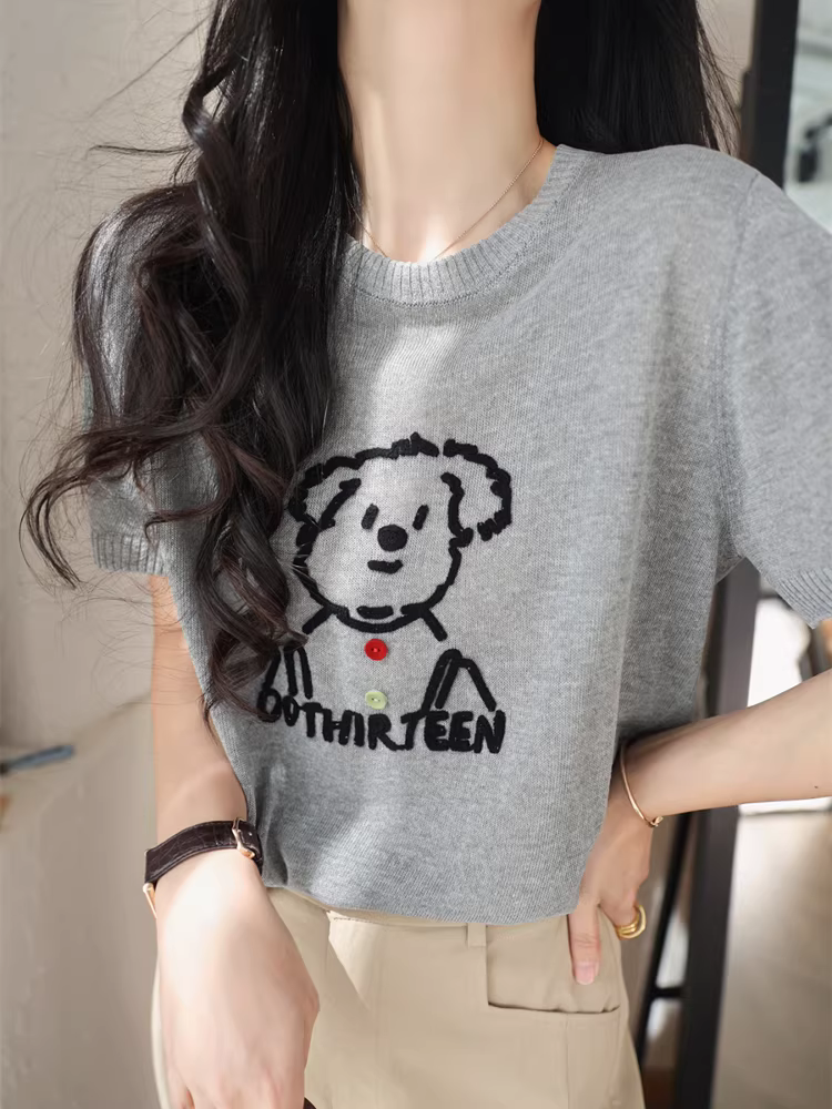Chú chó con dễ thương! Áo thun ngắn tay dệt kim dáng rộng cổ tròn bằng vải lanh lyocell thêu len ba chiều dành cho nữ trong mùa hè.