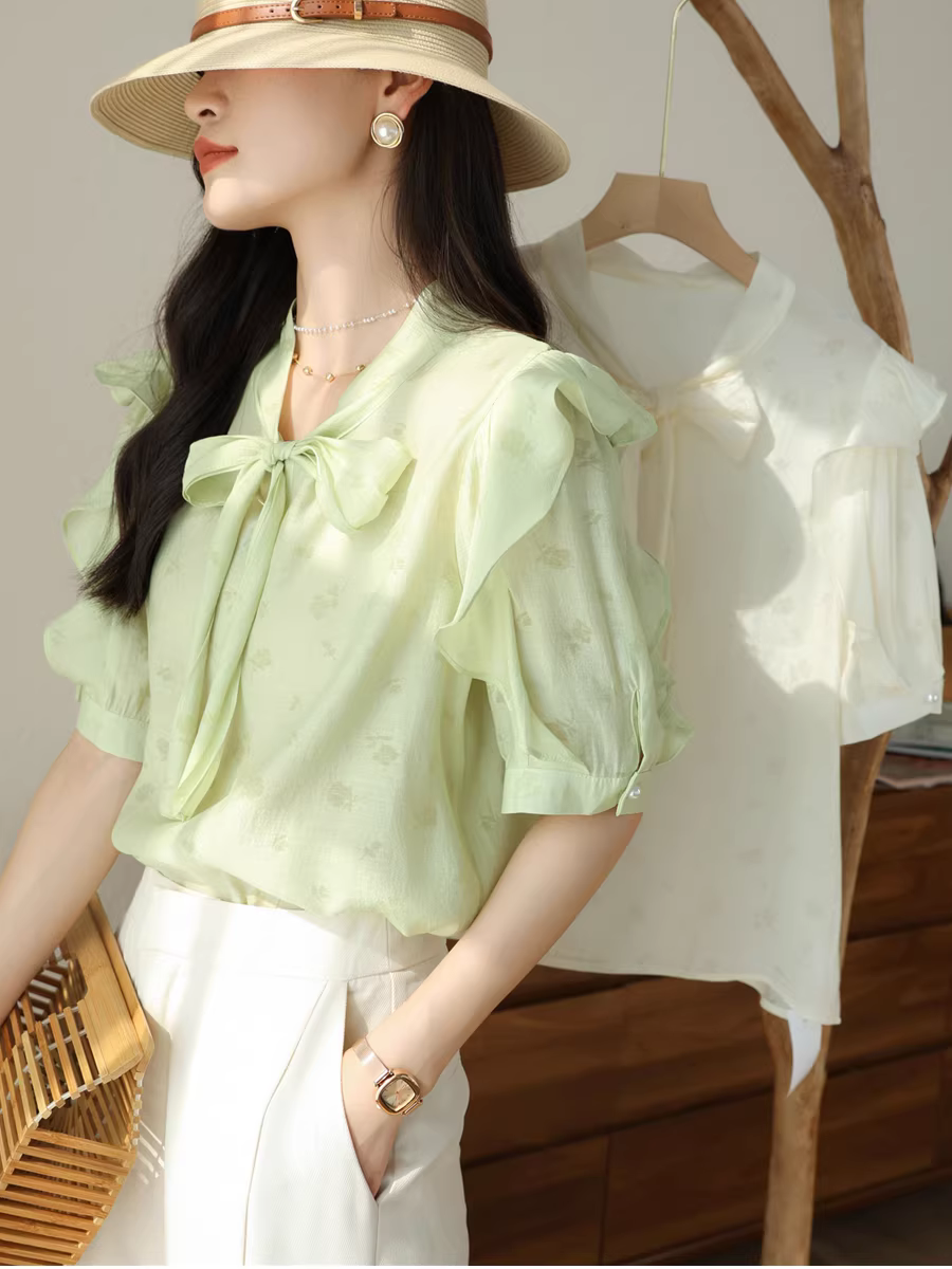 Phong cách nhẹ nhàng, họa tiết tươi mới, tay bèo lãng mạn, áo sơ mi ngắn tay buộc dây cổ chữ V cho nữ, áo sơ mi voan mùa hè mới