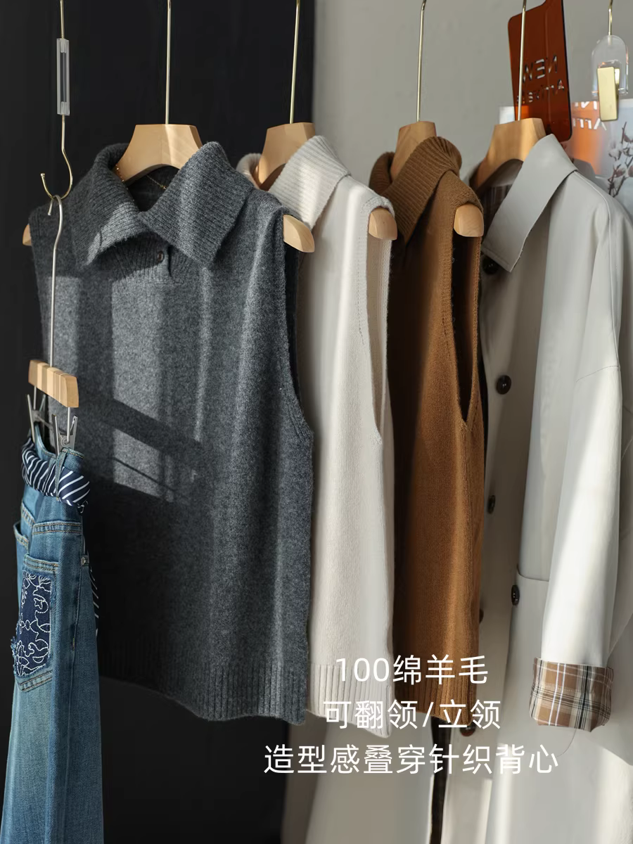 Siêu thời trang! Áo vest dệt kim 100% len cừu, dáng rộng, cổ đứng xếp lớp, áo vest không tay dành cho nữ, đầu mùa thu.