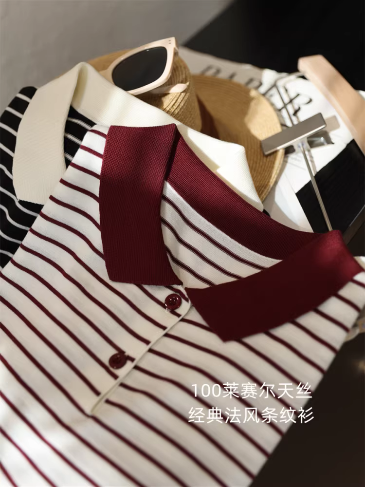 Áo sơ mi sọc cổ điển kiểu Pháp 100% Lyocell cổ Polo, vai rộng, dáng ôm, chất liệu dệt kim, tay ngắn dành cho nữ, mẫu mới mùa hè