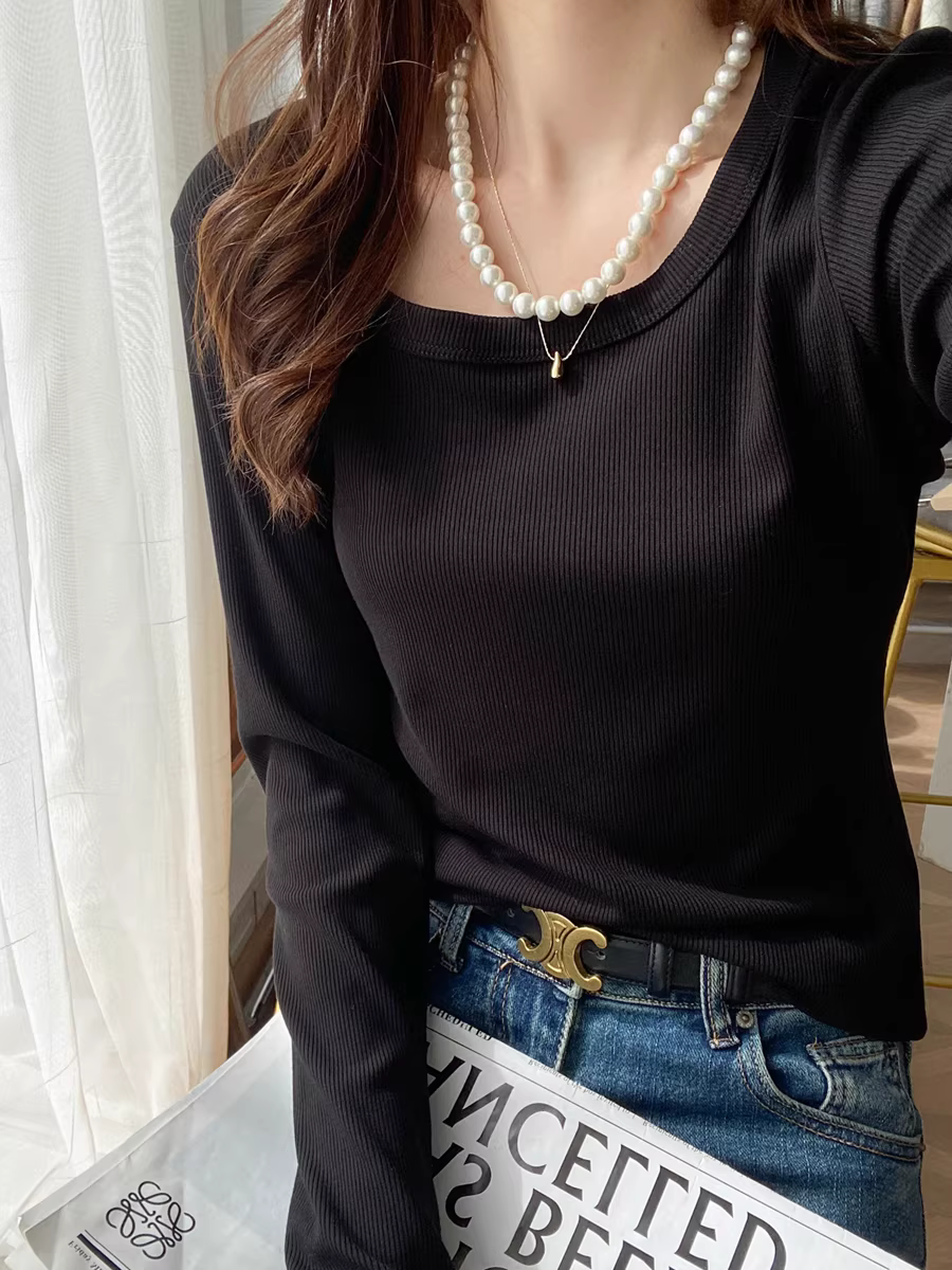 Áo thun dài tay cổ chữ U dày dặn 200g có ren dành cho nữ, áo sơ mi cơ bản đa năng màu trơn mới mùa thu đông