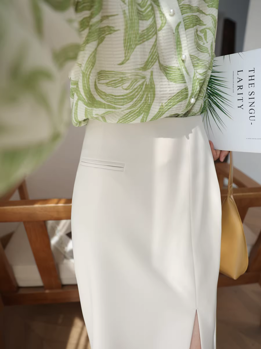 Váy công sở cổ điển chống nhăn, chống nhăn, cạp cao, dáng chữ A, xẻ tà, màu trơn, kiểu dáng ôm dáng dành cho nữ mùa hè mới