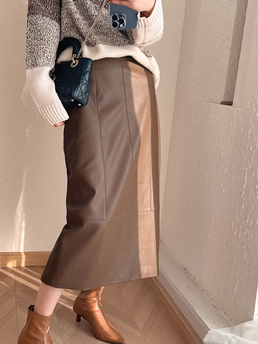 Váy da protein đi làm đô thị dành cho nữ Thu Đông 23 Váy xẻ tà eo cao mới có chiều dài vừa phải