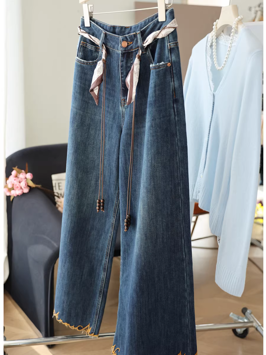 Khăn lụa kiểu du mục cổ điển + quần jeans cotton Tencel ống rộng dáng A lưng cao tay áo thêu dành cho nữ mùa thu