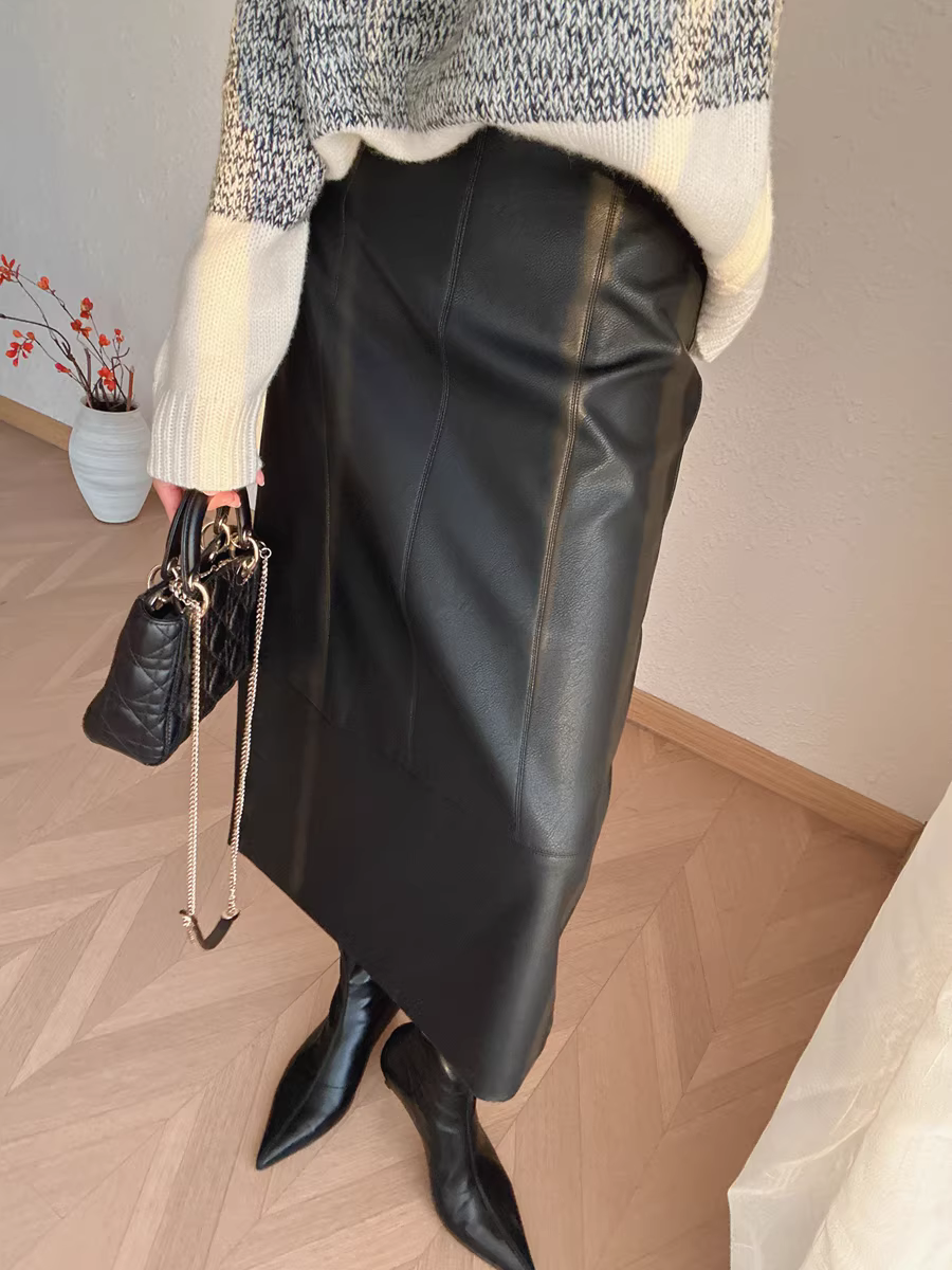 Váy da protein đi làm đô thị dành cho nữ Thu Đông 23 Váy xẻ tà eo cao mới có chiều dài vừa phải