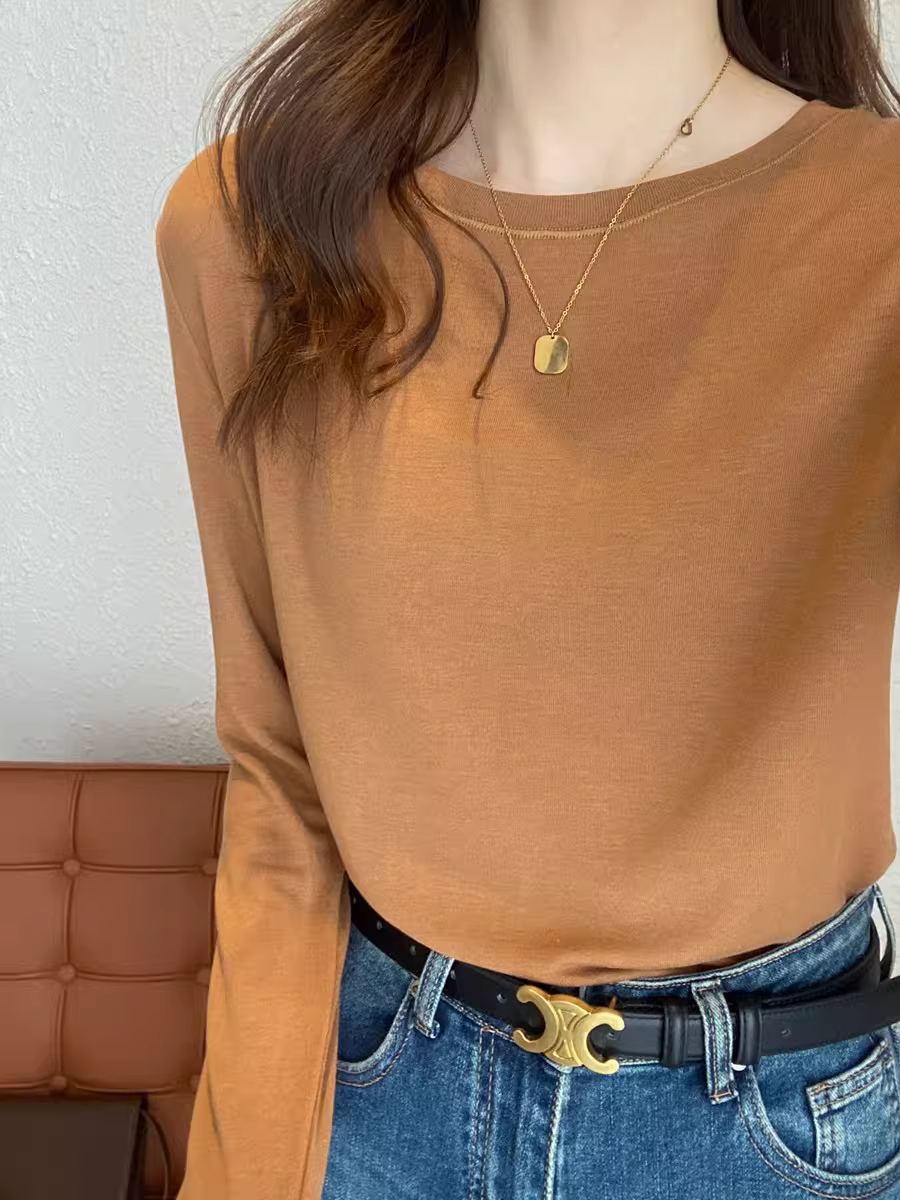 Áo thun len trơn cổ tròn + cổ lọ nửa cao, dáng rộng, đa năng, tay dài dành cho nữ, mùa thu đông mới