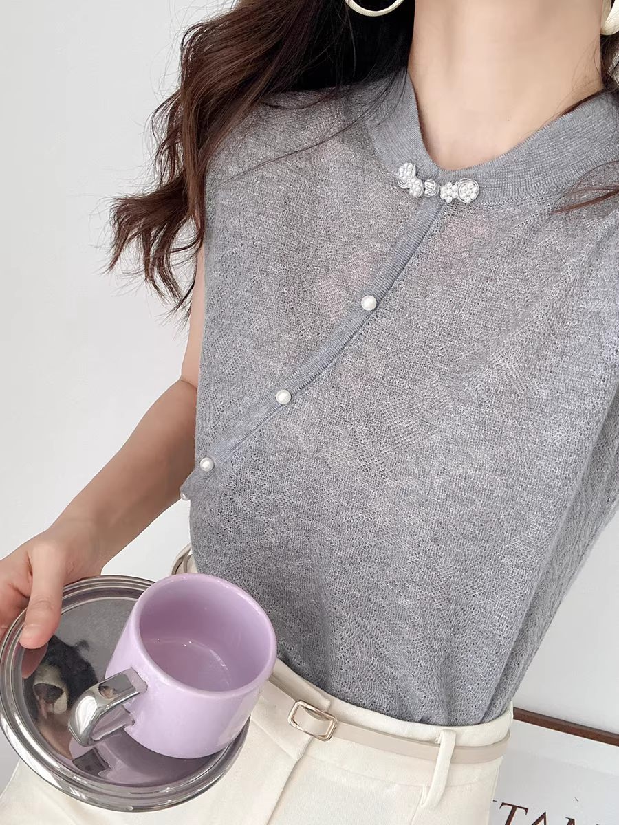 【2 chiếc với giá 119】Áo len dệt kim ngắn tay cổ đứng/cổ nửa cao kiểu Trung Quốc mới có chỉ len và chỉ vàng dành cho nữ