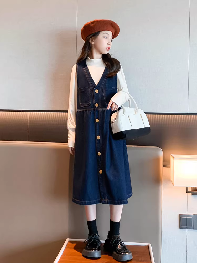 Váy xuân bé gái 2025 kiểu mới, chân váy denim trẻ em thời trang, bộ váy yếm thời trang cho bé gái lớn