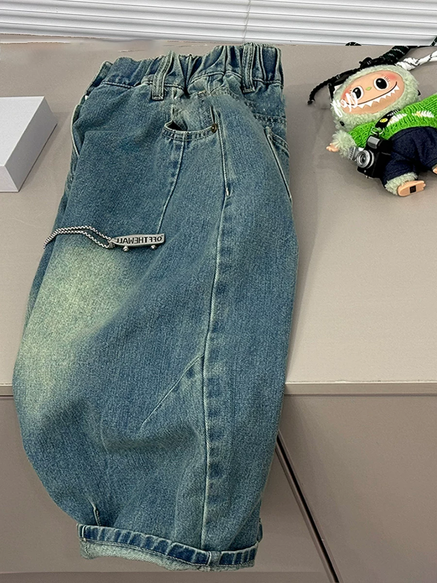 Quần jeans thu đông bé trai 2025 kiểu Hàn Quốc mới, dáng rộng, phong cách bố, dành cho trẻ lớn, quần ống rộng, phong cách đường phố, nhảy hiện đại