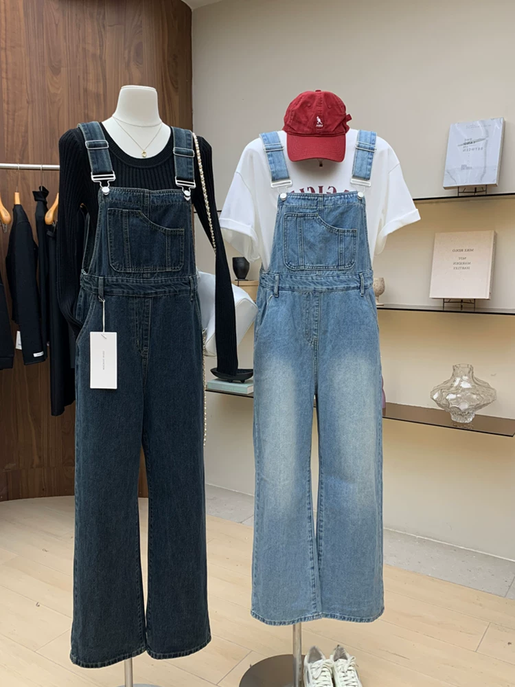 Quần yếm denim màu xanh nhạt cho bé gái, mùa xuân và mùa thu, dáng rộng, quần dài liền thân, quần ống rộng thẳng thường ngày cho trẻ lớn.