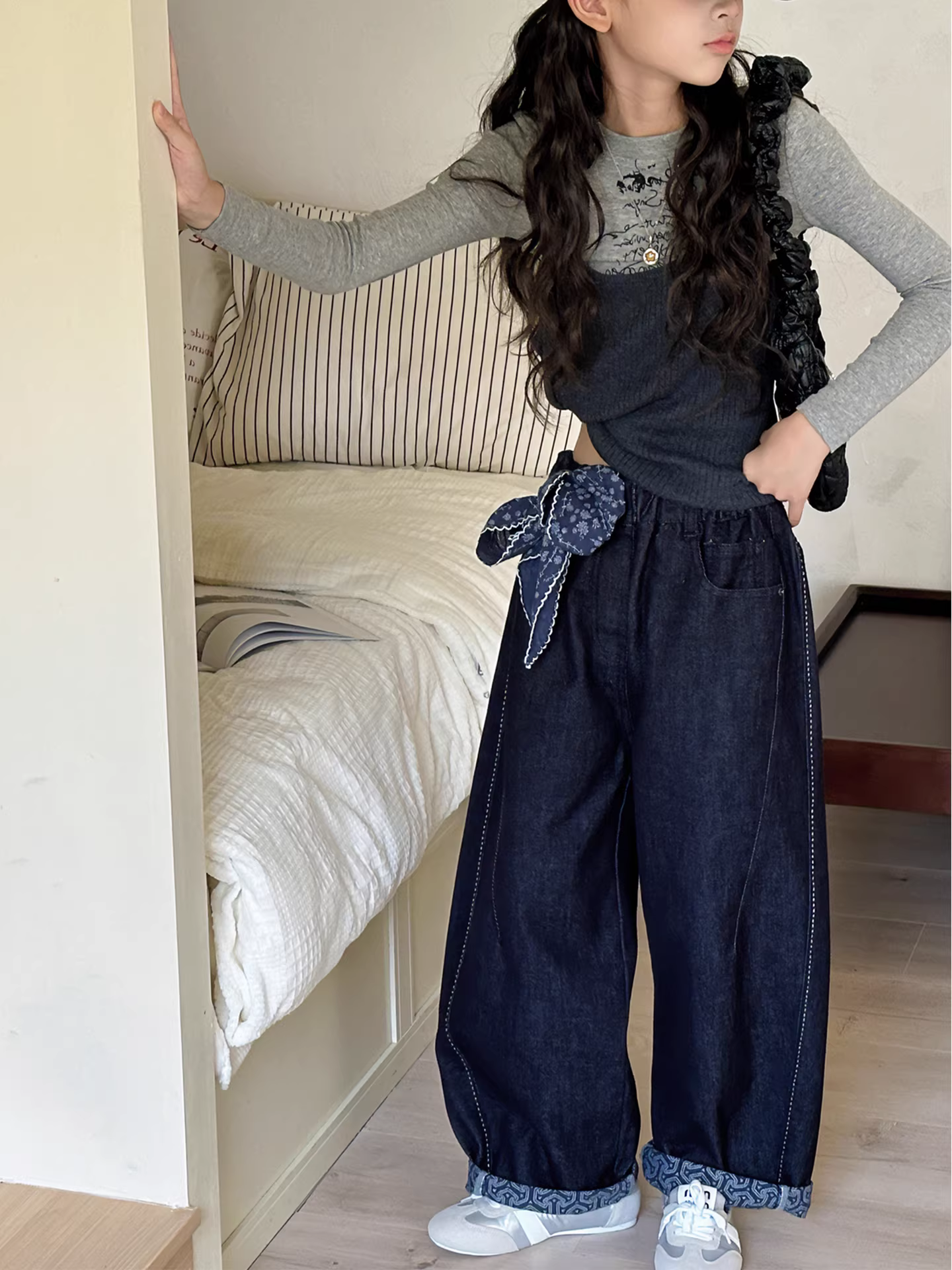 Quần bé gái kiểu dáng thời trang, quần kaki nơ, quần bò trẻ em phong cách thu đông 2025 dành cho trẻ lớn