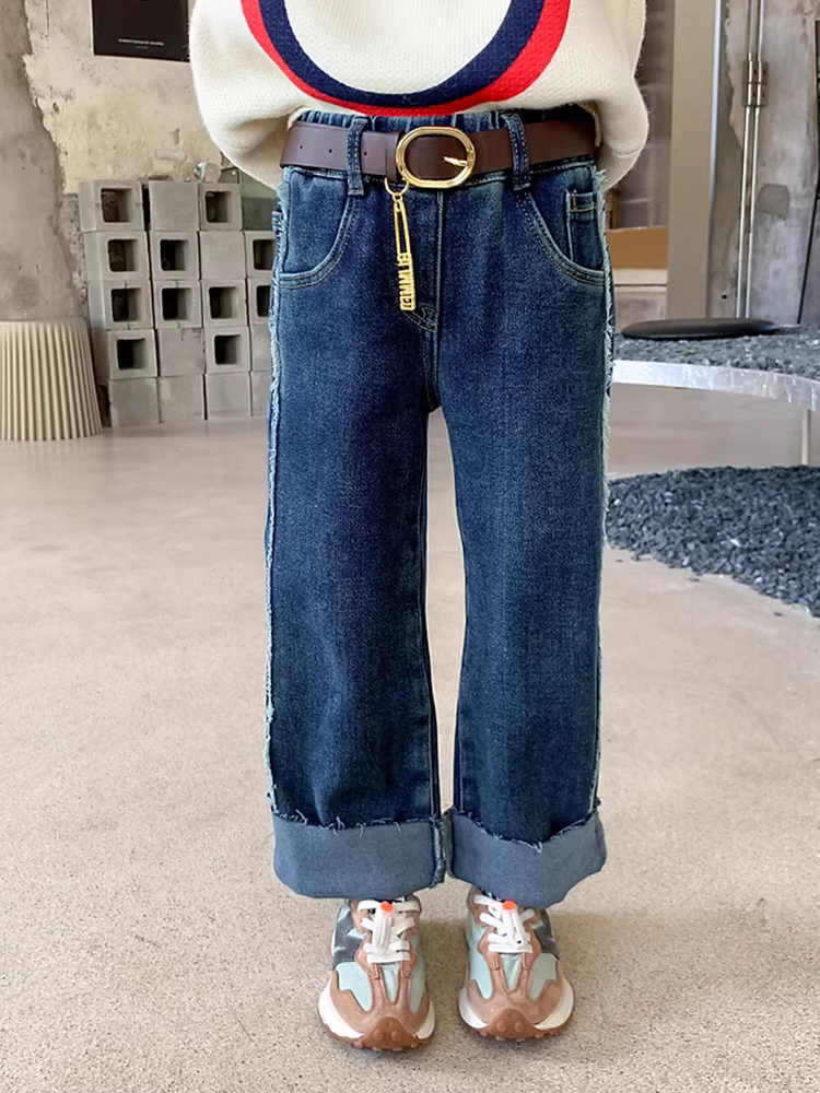 Quần bé gái mùa đông lót lông dày kiểu jeans 2025 xuân thu mới quần trẻ em ống đứng cạp chun thời trang