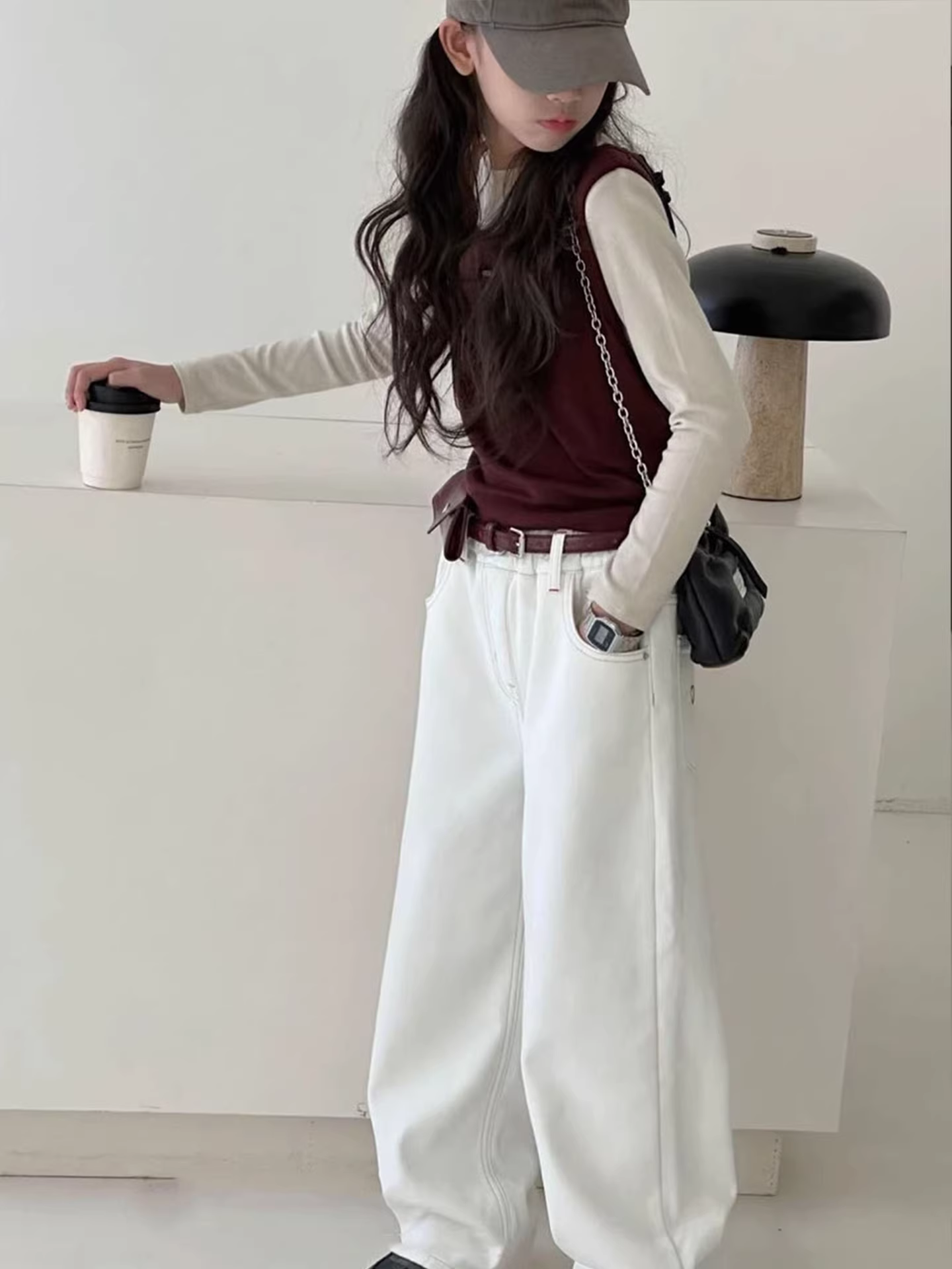 Quần denim dày ống thẳng dành cho nữ có lông cừu, quần trắng mùa thu đông, quần dài đến sàn, quần mềm mại, rộng rãi, quần áo trẻ em hợp thời trang thông thường.