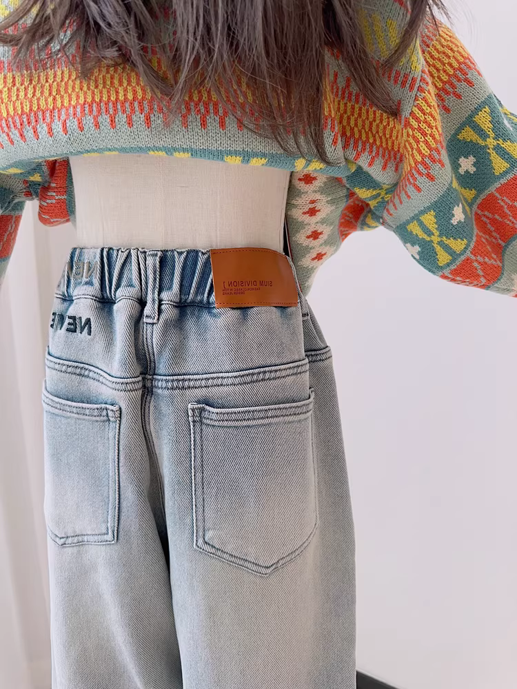 Quần jean lót lông mùa đông 2025 cho bé gái, quần dài ống đứng đa năng, phong cách thường ngày, dành cho bé gái nhỏ nhắn