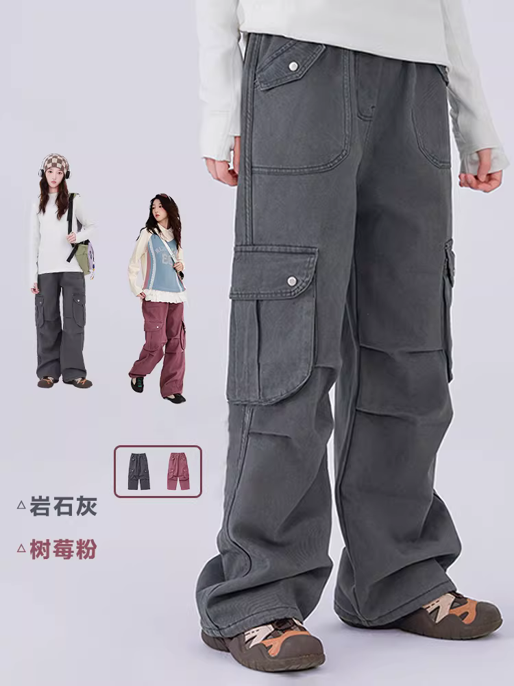 Quần cargo bé trai và bé gái, kiểu thu đông 2025, quần ống rộng thời trang đa năng cho trẻ em, quần thể thao ngoài trời cho trẻ lớn.