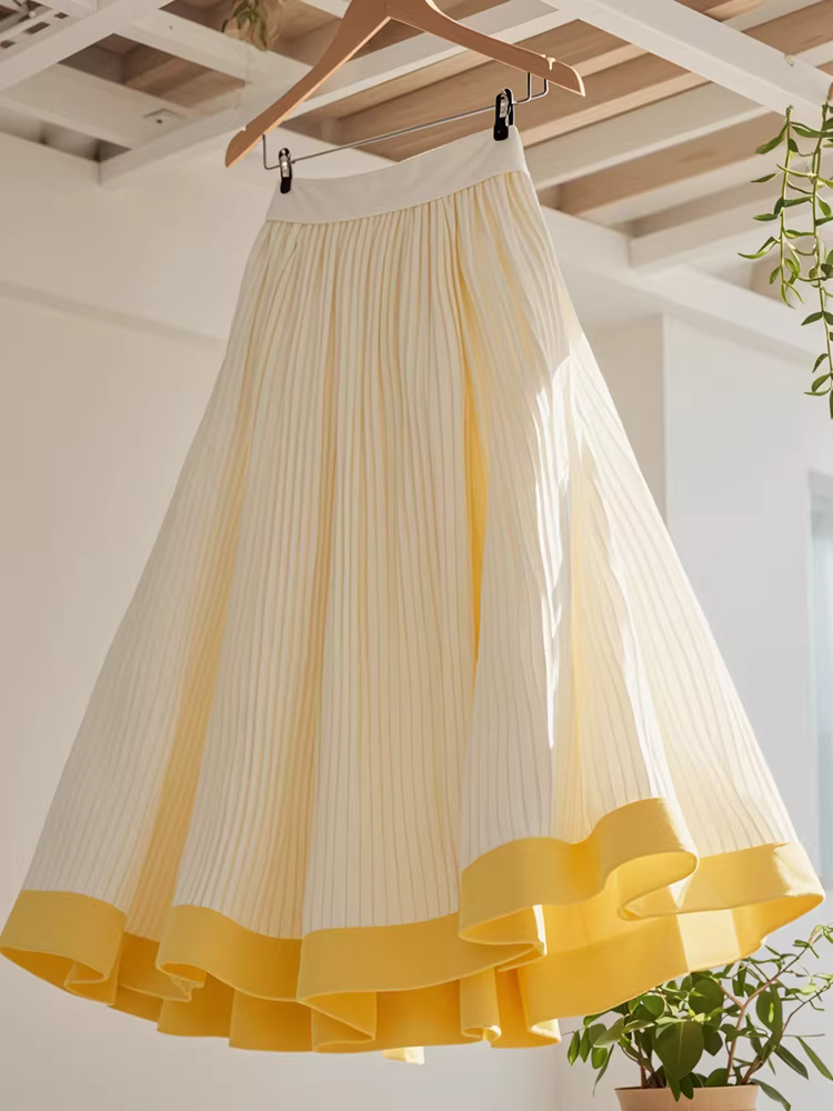 Váy chữ A dáng ôm eo cao dành cho bé gái, kiểu dáng xuân hè 25 mới, váy sọc vàng thanh lịch và tinh tế dành cho trẻ lớn.